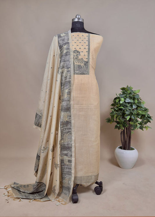 Beige Jamdani Weaving Unstitched Suit With Dupatta