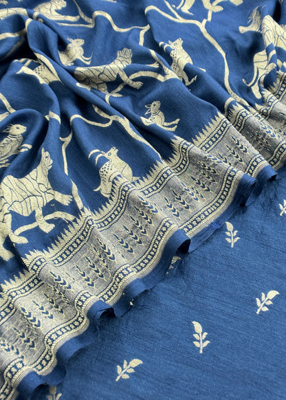 Kalasheel Luxe Royal Blue Handloom Munga Silk Suit With Shikagarh Gold Weaving