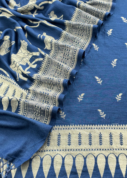 Kalasheel Luxe Royal Blue Handloom Munga Silk Suit With Shikagarh Gold Weaving