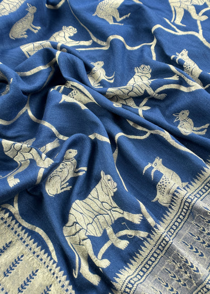 Kalasheel Luxe Royal Blue Handloom Munga Silk Suit With Shikagarh Gold Weaving