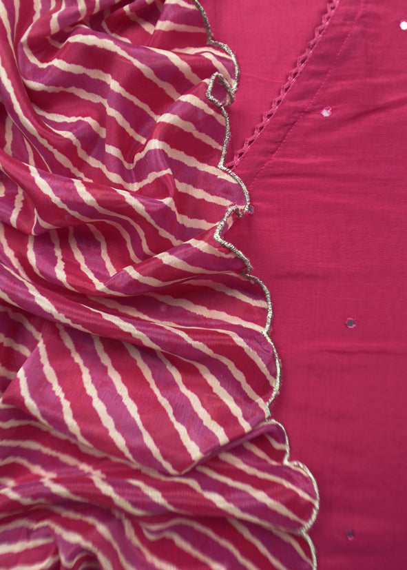 Pink Mul Chanderi Unstitched Suit With Lehariya Dupatta