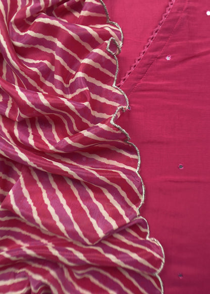 Pink Mul Chanderi Unstitched Suit With Lehariya Dupatta