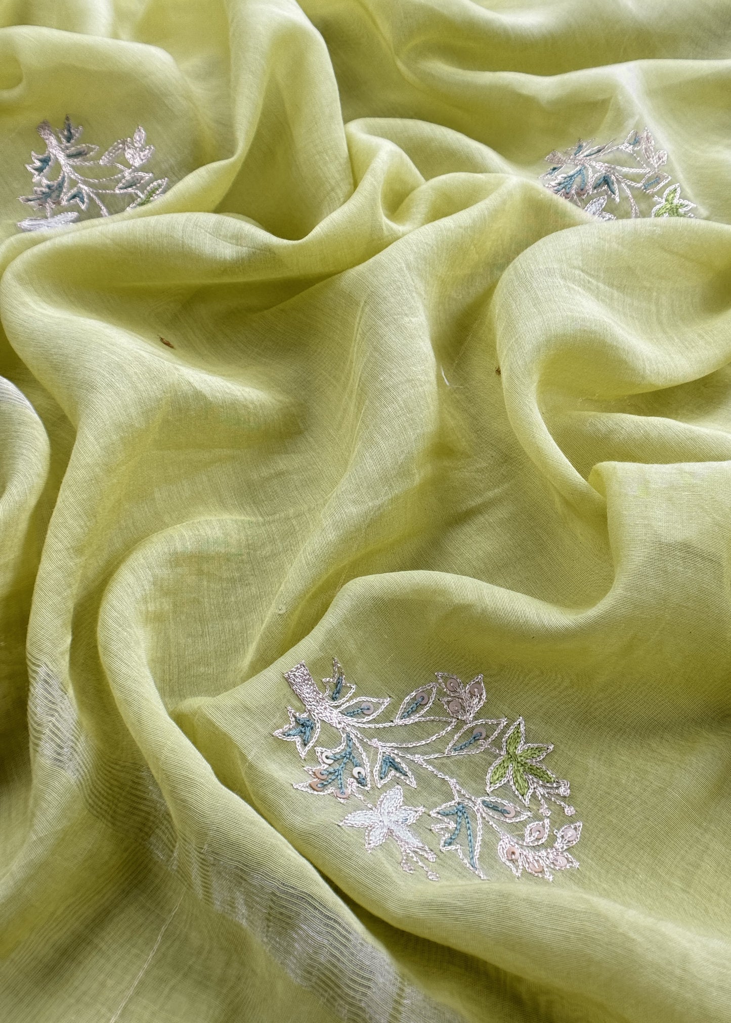 Light Green Mulmul Suit And Dupatta In Dori work