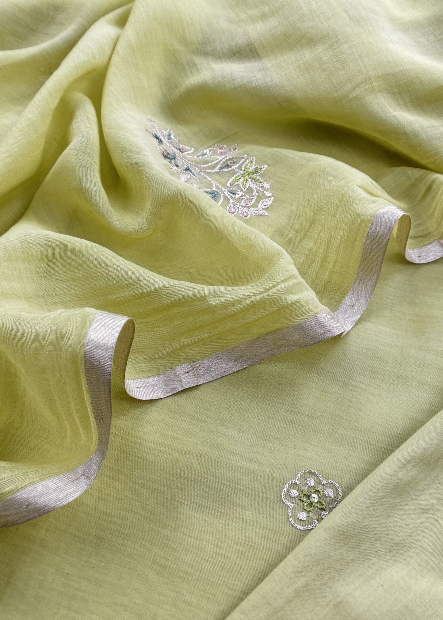 Light Green Mulmul Suit And Dupatta In Dori work