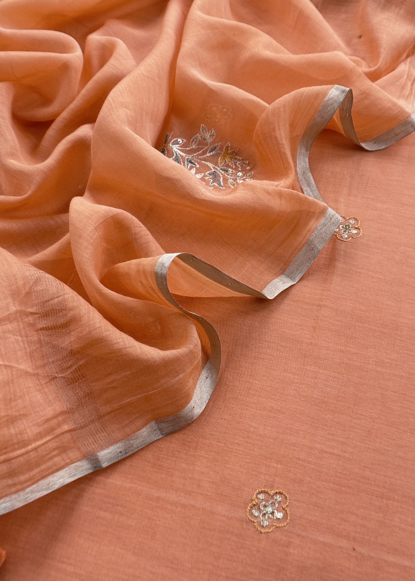 Orange Mulmul Suit And Dupatta In Dori work