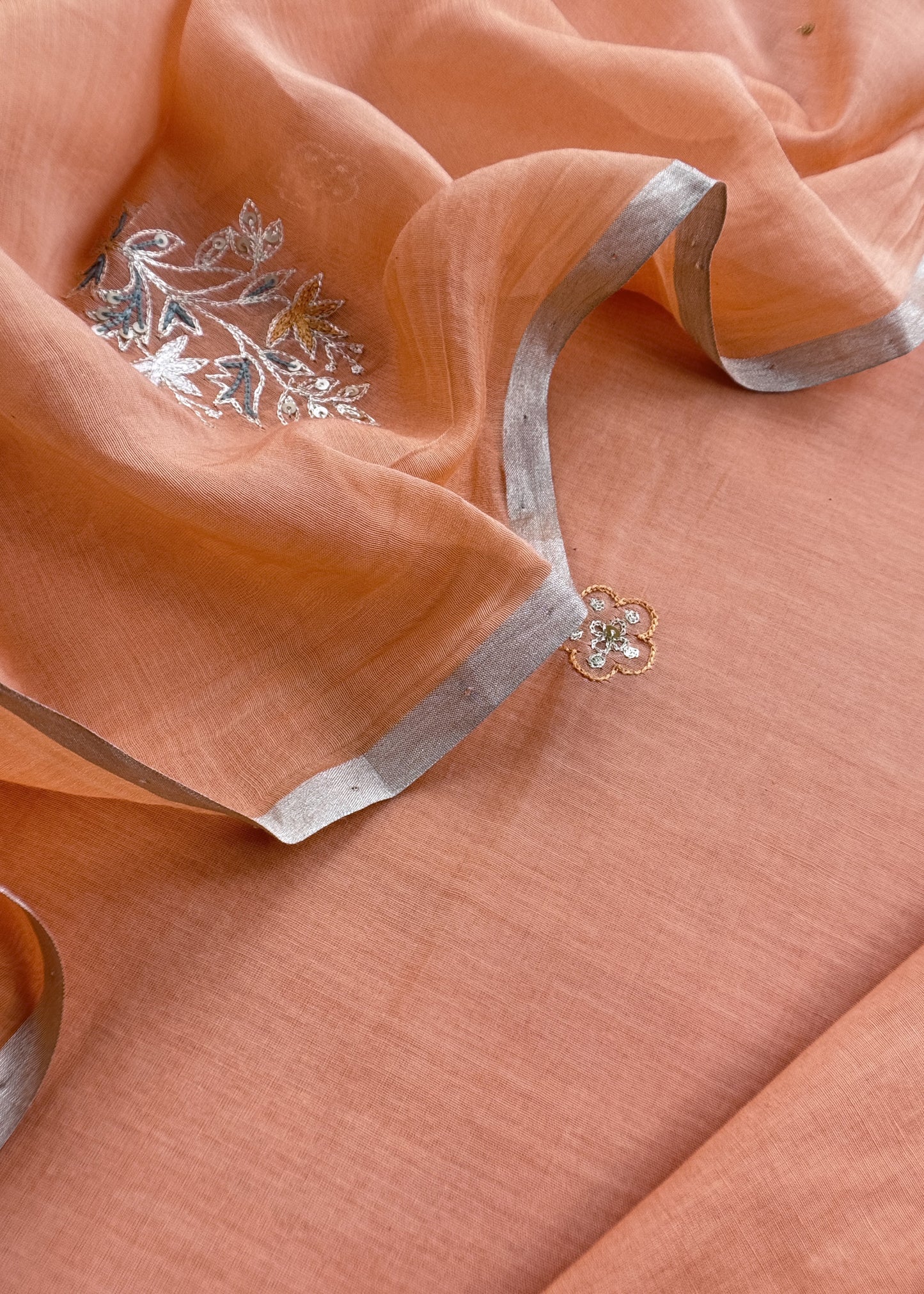 Orange Mulmul Suit And Dupatta In Dori work