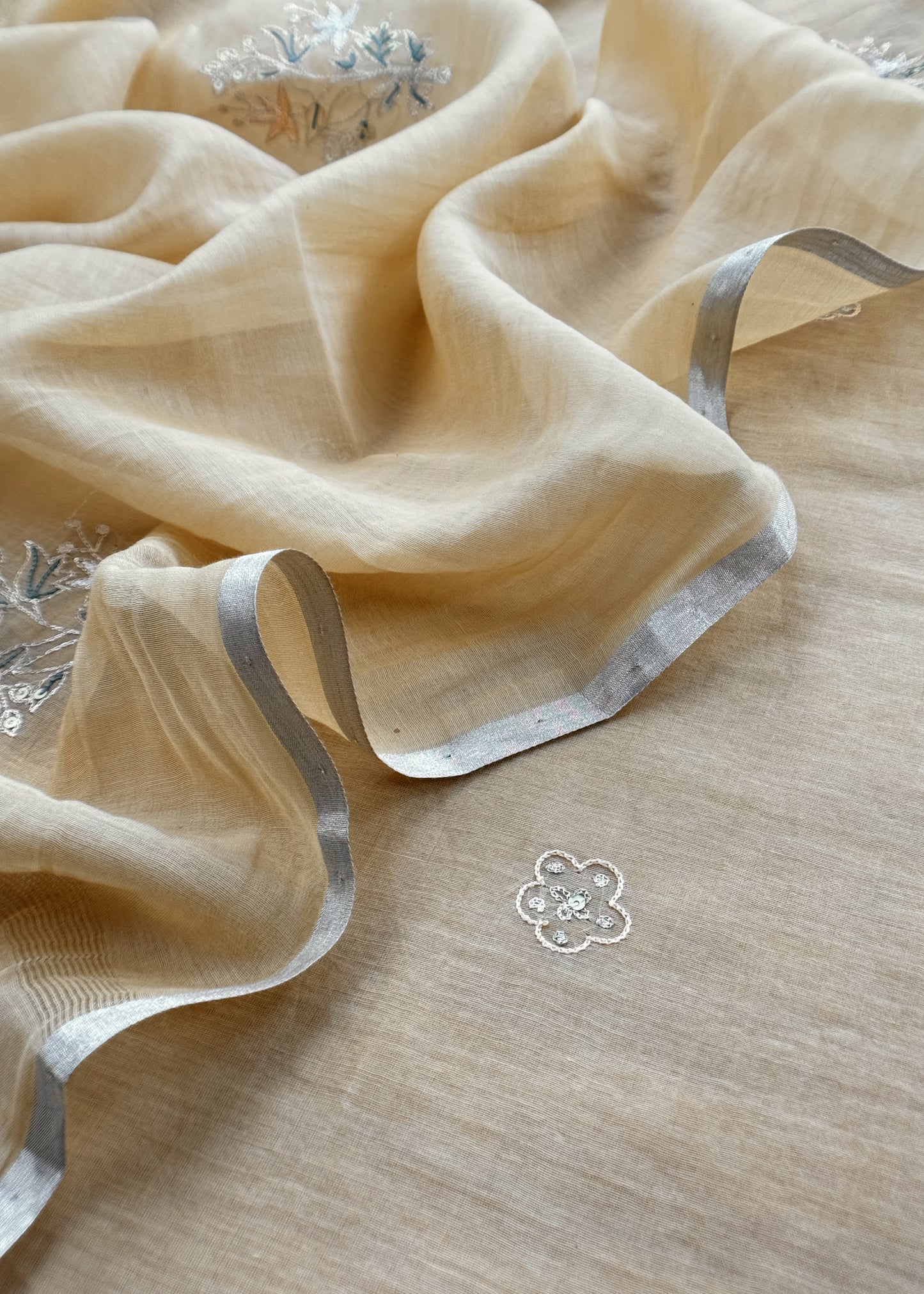 Beige Mulmul Suit And Dupatta In Dori work