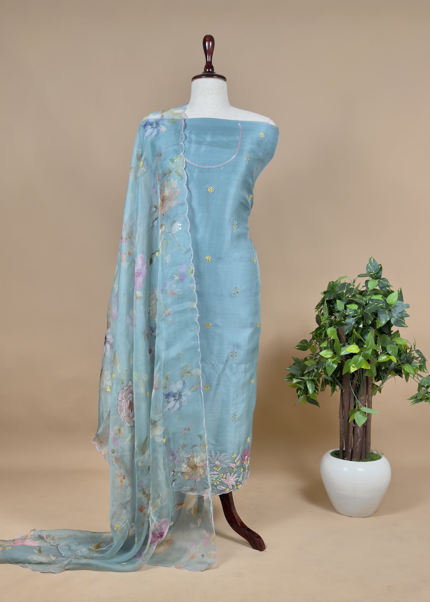 Hand Embroidered organza Silk Suit With Gotta Patti Dupatta