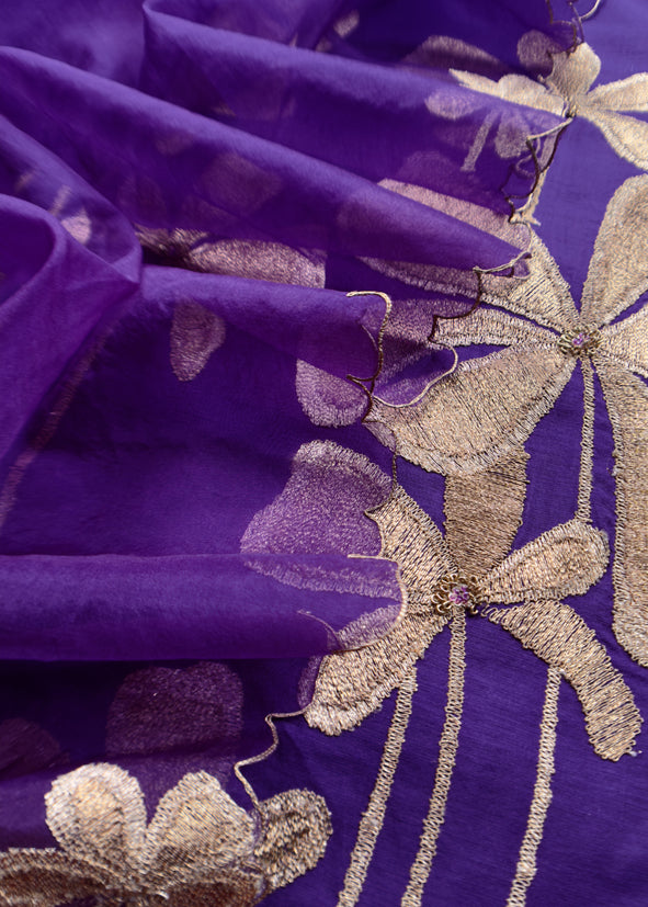 Purple Chanderi Kurta With Organza Dupatta Having Zari Embroidery