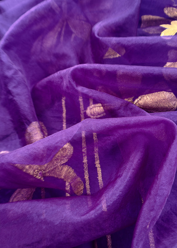 Purple Chanderi Kurta With Organza Dupatta Having Zari Embroidery