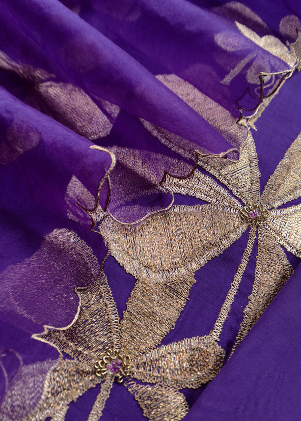 Purple Chanderi Kurta With Organza Dupatta Having Zari Embroidery