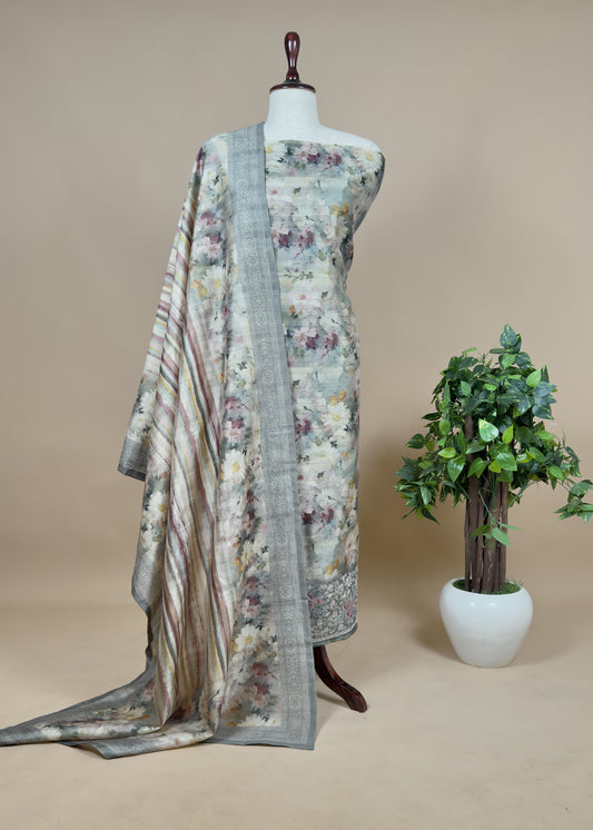 Fresh Garden Sage Green Embroidered Tussar Silk Unstitched Dupatta-Suit