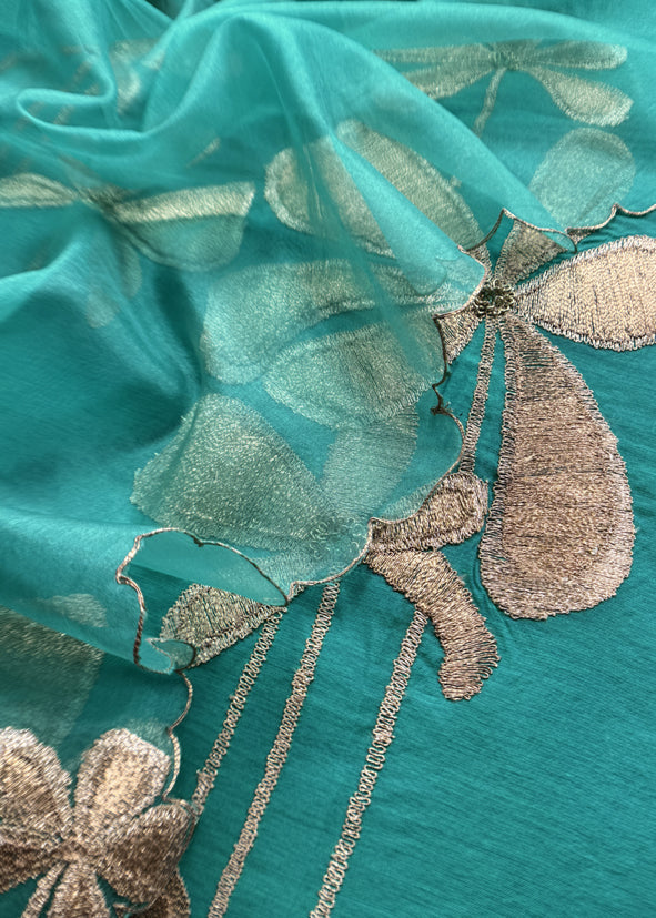 Turquoise Chanderi Kurta With Organza Dupatta Having Zari Embroidery
