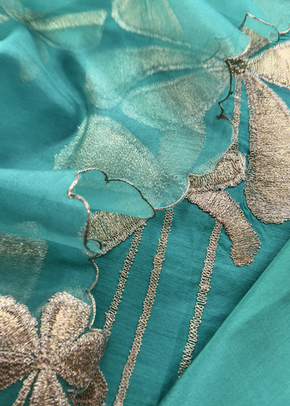 Turquoise Chanderi Kurta With Organza Dupatta Having Zari Embroidery