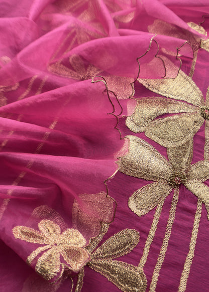 Pink Chanderi Kurta With Organza Dupatta Having Zari Embroidery