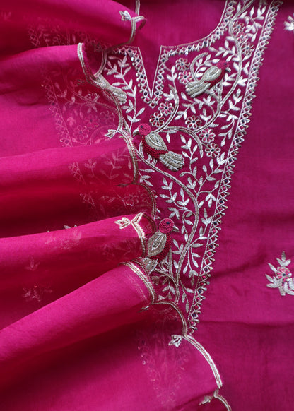 Mexican Pink Chidiya Organza Silk Suit Fabric With Dori, Dabka Hand Embroidery