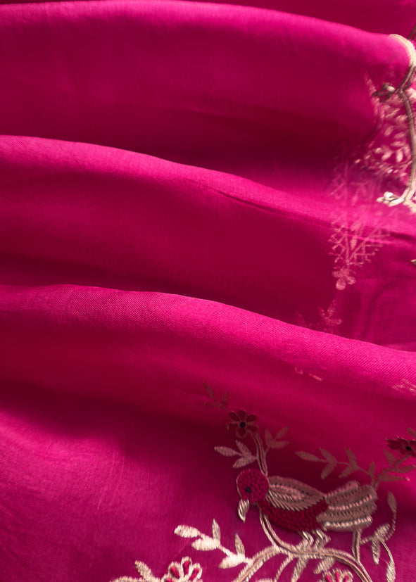 Mexican Pink Chidiya Organza Silk Suit Fabric With Dori, Dabka Hand Embroidery