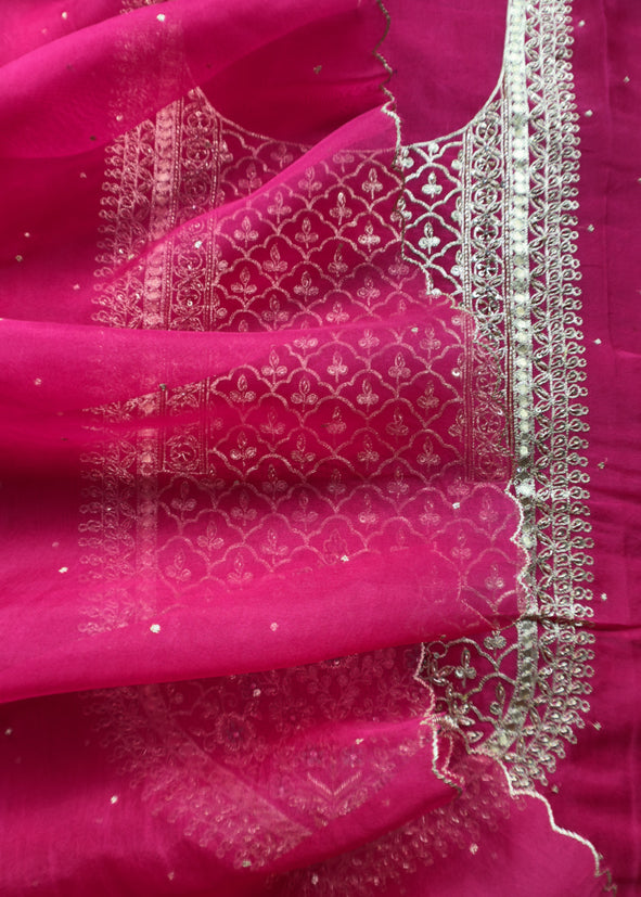 Rani Pink Pure Kora Silk Suit In Zardori Handwork