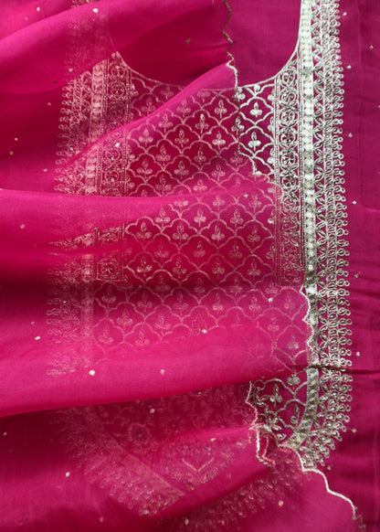 Rani Pink Pure Kora Silk Suit In Zardori Handwork