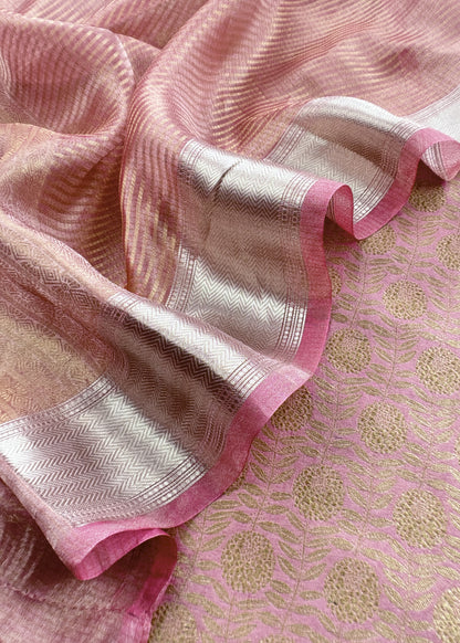 Pink Brocade Silk Kurta And Zari Panel Silk Dupatta