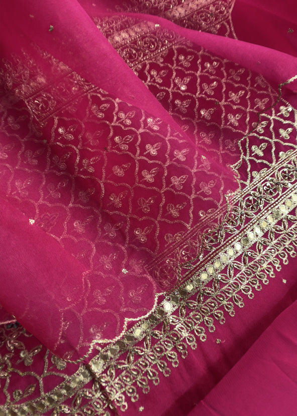 Rani Pink Pure Kora Silk Suit In Zardori Handwork