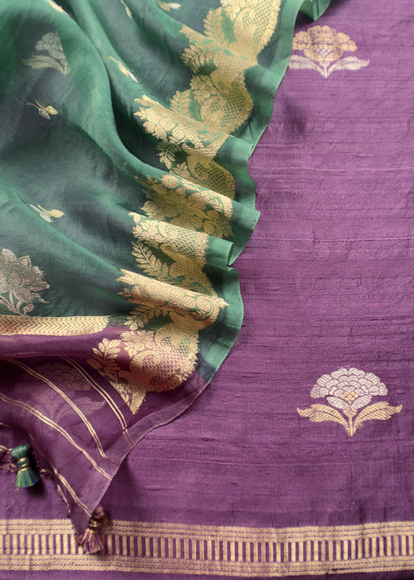Violet and Emerald Green Desi Tussar Kurta and Organza Silk Dupatta With Banarasi Weaves