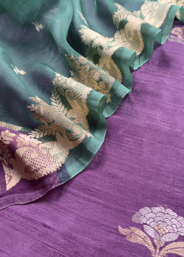 Violet and Emerald Green Desi Tussar Kurta and Organza Silk Dupatta With Banarasi Weaves