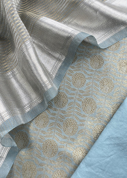 Blue Brocade Silk Kurta And Zari Panel Silk Dupatta