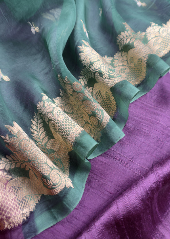 Violet and Emerald Green Desi Tussar Kurta and Organza Silk Dupatta With Banarasi Weaves