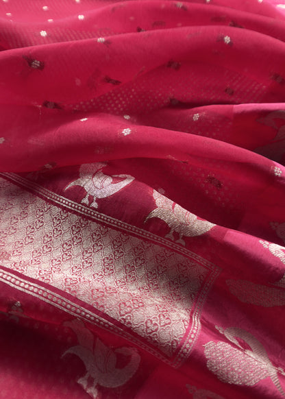 Raspberry Red Handloom Brocade Woven Kurta and Peacock Handloom organza dupatta
