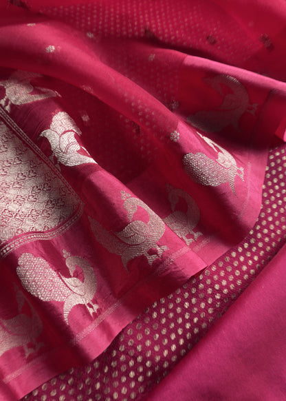 Raspberry Red Handloom Brocade Woven Kurta and Peacock Handloom organza dupatta