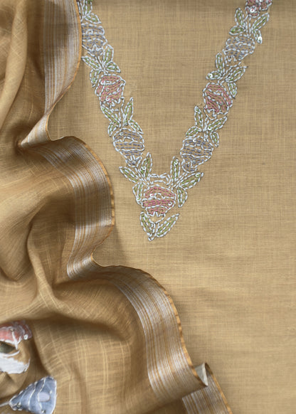 Summer mustard linen unstitched suit fabric with Kantha Hand Embroidery