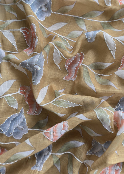 Summer mustard linen unstitched suit fabric with Kantha Hand Embroidery