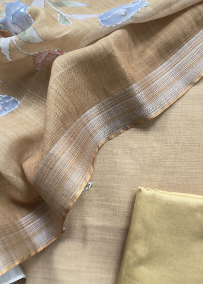 Summer mustard linen unstitched suit fabric with Kantha Hand Embroidery