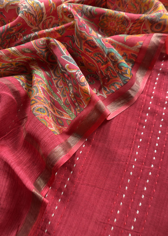 Red Maheshwari Silk Suit Fabric With Floral Dupatta And Kantha Stitch Hand Embroidery