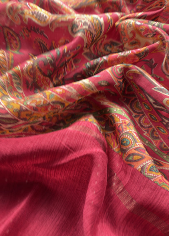 Red Maheshwari Silk Suit Fabric With Floral Dupatta And Kantha Stitch Hand Embroidery