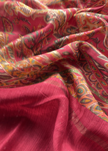 Red Maheshwari Silk Suit Fabric With Floral Dupatta And Kantha Stitch Hand Embroidery