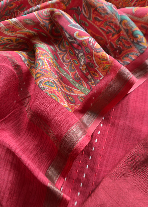 Red Maheshwari Silk Suit Fabric With Floral Dupatta And Kantha Stitch Hand Embroidery