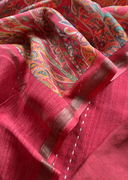 Red Maheshwari Silk Suit Fabric With Floral Dupatta And Kantha Stitch Hand Embroidery
