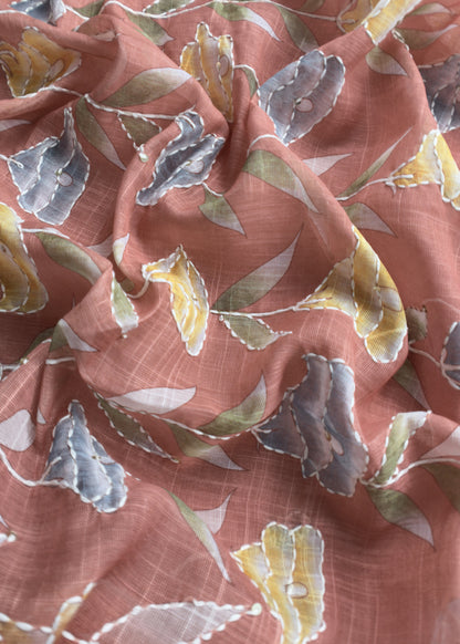 Summer Peach Linen Unstitched Suit Fabric With Kantha Hand Embroidery