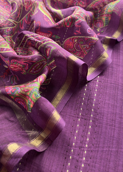 Deep Violet Maheshwari Silk Suit Fabric With Floral Dupatta And Kantha Stitch Hand Embroidery