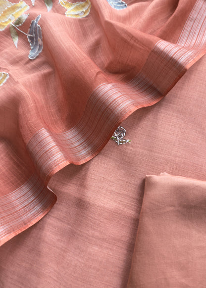 Summer Peach Linen Unstitched Suit Fabric With Kantha Hand Embroidery