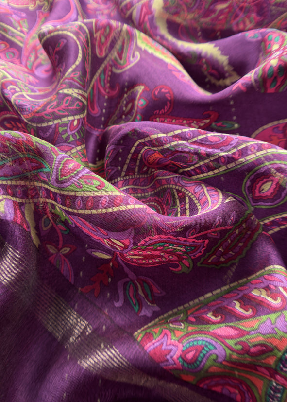 Deep Violet Maheshwari Silk Suit Fabric With Floral Dupatta And Kantha Stitch Hand Embroidery
