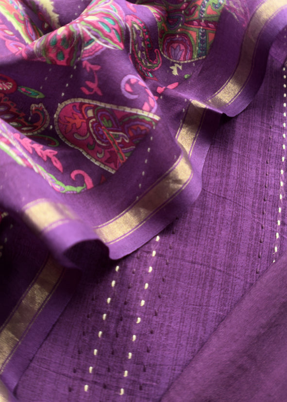 Deep Violet Maheshwari Silk Suit Fabric With Floral Dupatta And Kantha Stitch Hand Embroidery