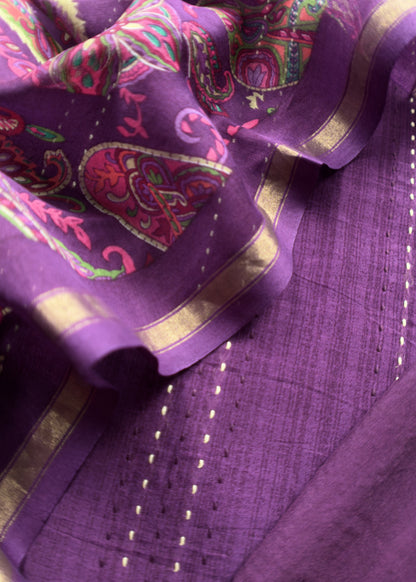 Deep Violet Maheshwari Silk Suit Fabric With Floral Dupatta And Kantha Stitch Hand Embroidery