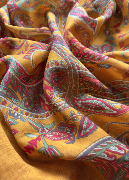 Yellow Maheshwari Silk Suit Fabric With Floral Dupatta And Kantha Stitch Hand Embroidery