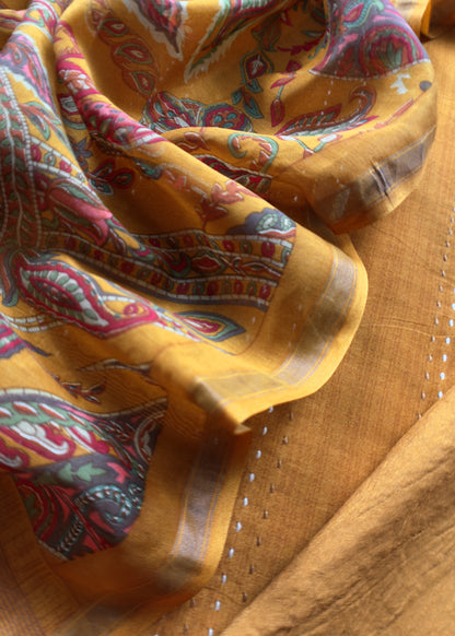 Yellow Maheshwari Silk Suit Fabric With Floral Dupatta And Kantha Stitch Hand Embroidery