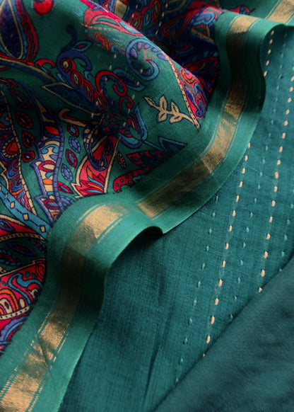 Teal Blue Maheshwari Silk Suit Fabric With Floral Dupatta And Kantha Stitch Hand Embroidery