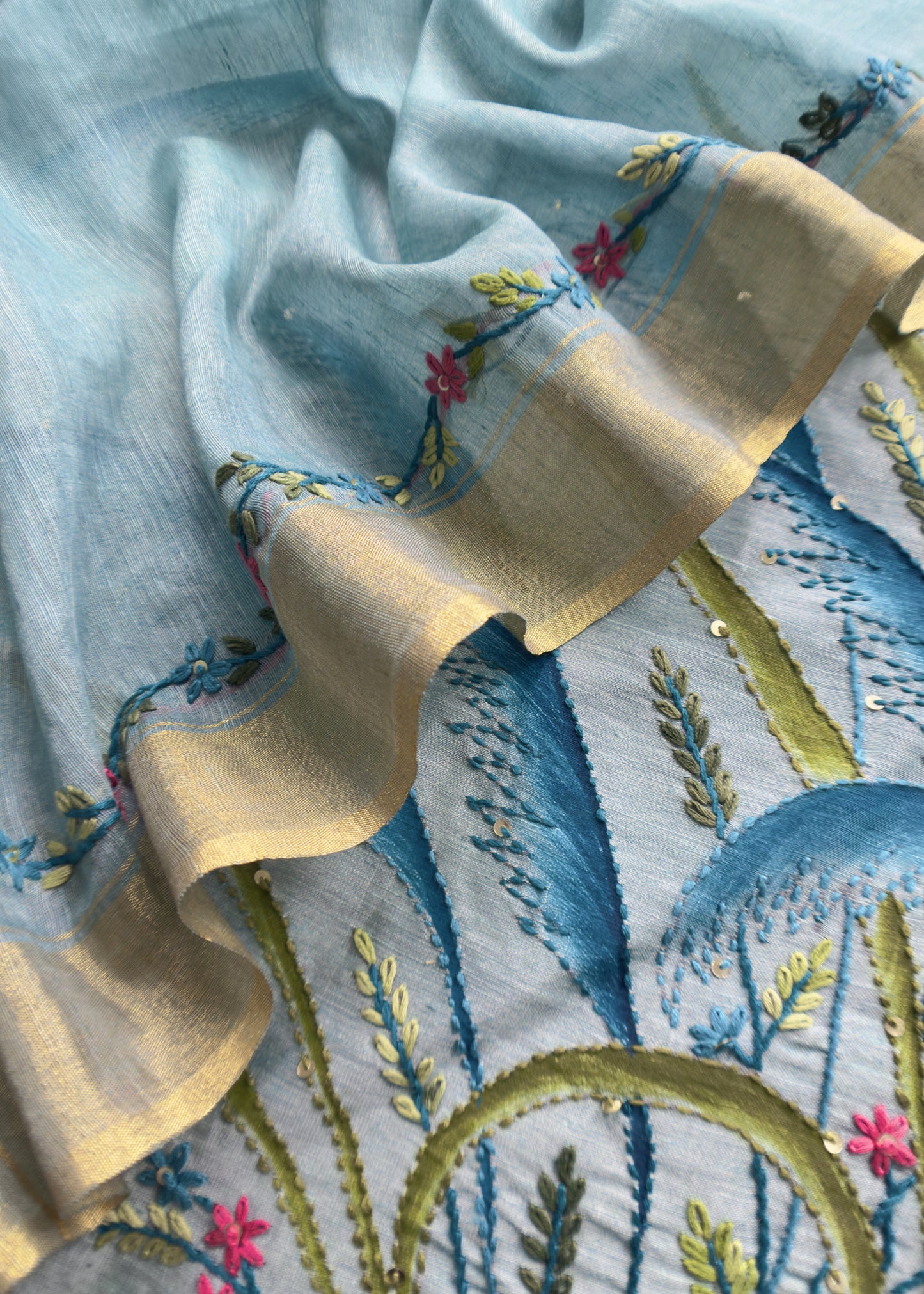 Yale Blue Handloom Linen Silk Hand painted Suit Fabric With French Knot And Kantha Handwork