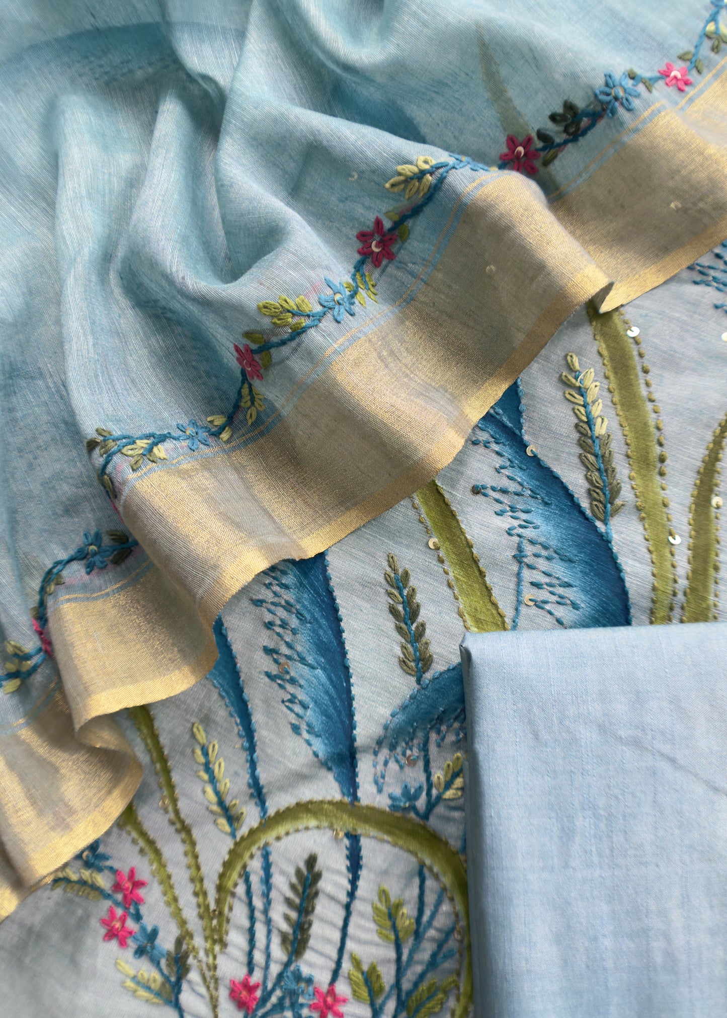 Yale Blue Handloom Linen Silk Hand painted Suit Fabric With French Knot And Kantha Handwork